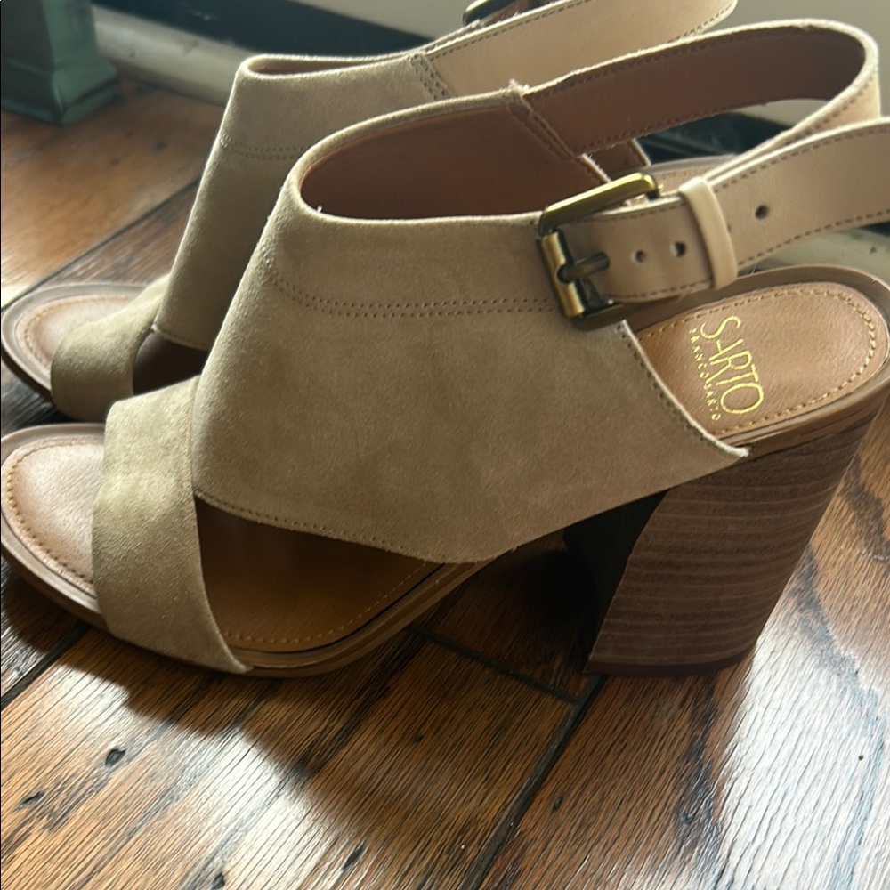 Franco Sarto Tan Heels with Ankle Strap and Chunky Heel
